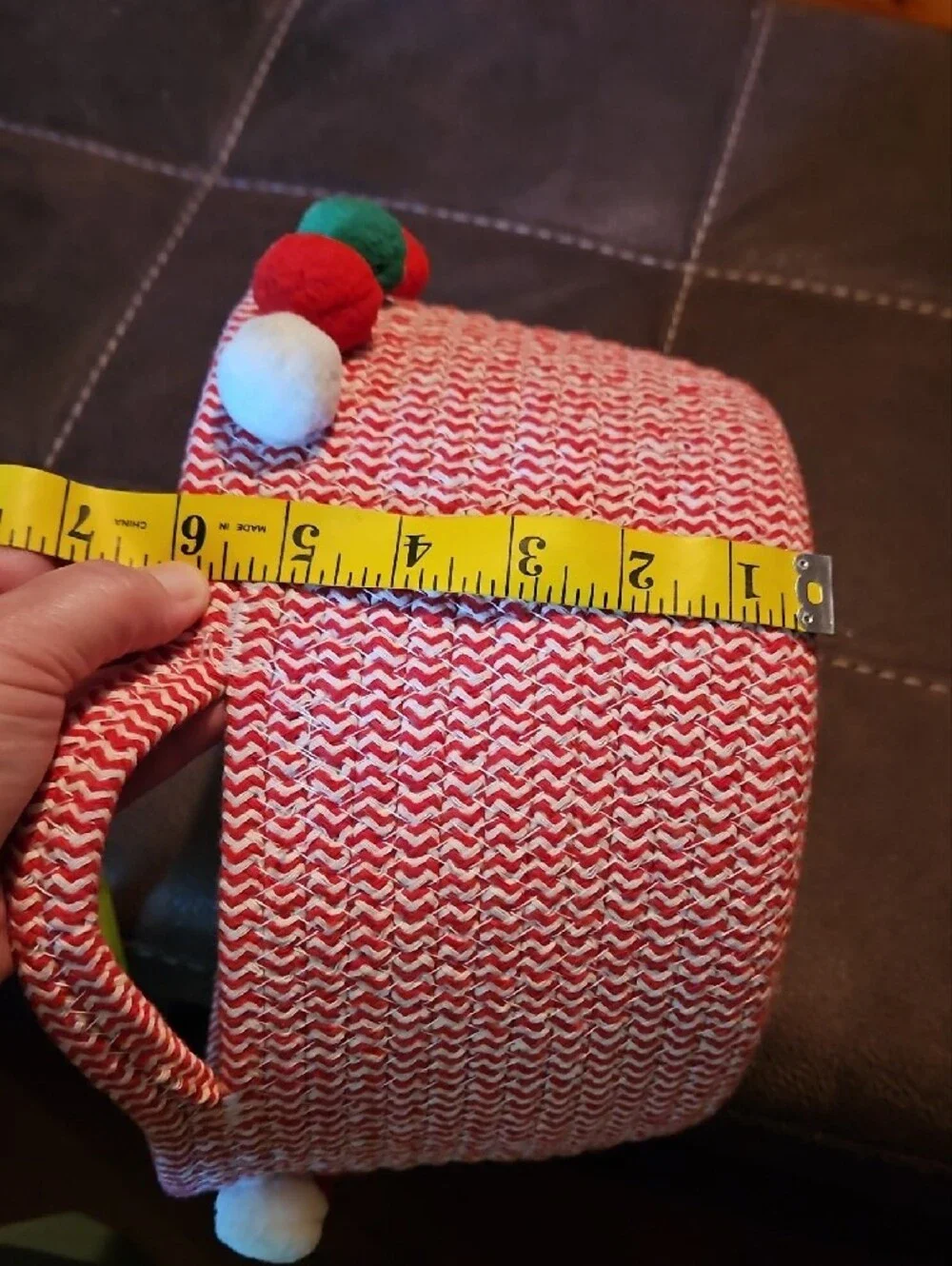 Red Woven Rope Basket with Pom-Pom Trim
